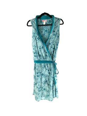 Lux Womens Wrap Dress Blue White Floral V Neck Sleeveless Burnout Sheer M